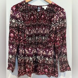 J. JILL PETITE‎ L Smocked Tunic Blouse  Multicolored Paisley Print Long Sleeve
